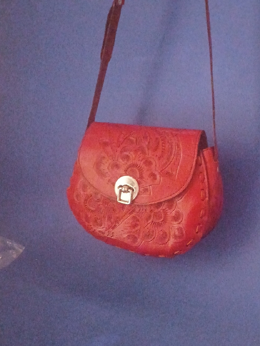 Embossed Leather Crossbody Bag in Red with Silver Hardware